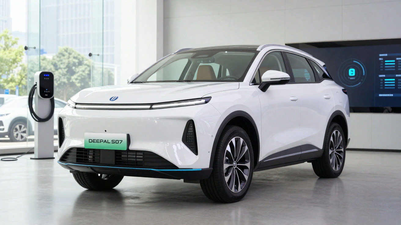 Carro elétrico branco Deepal S07 exibido em showroom moderno com estação de carregamento ao fundo.