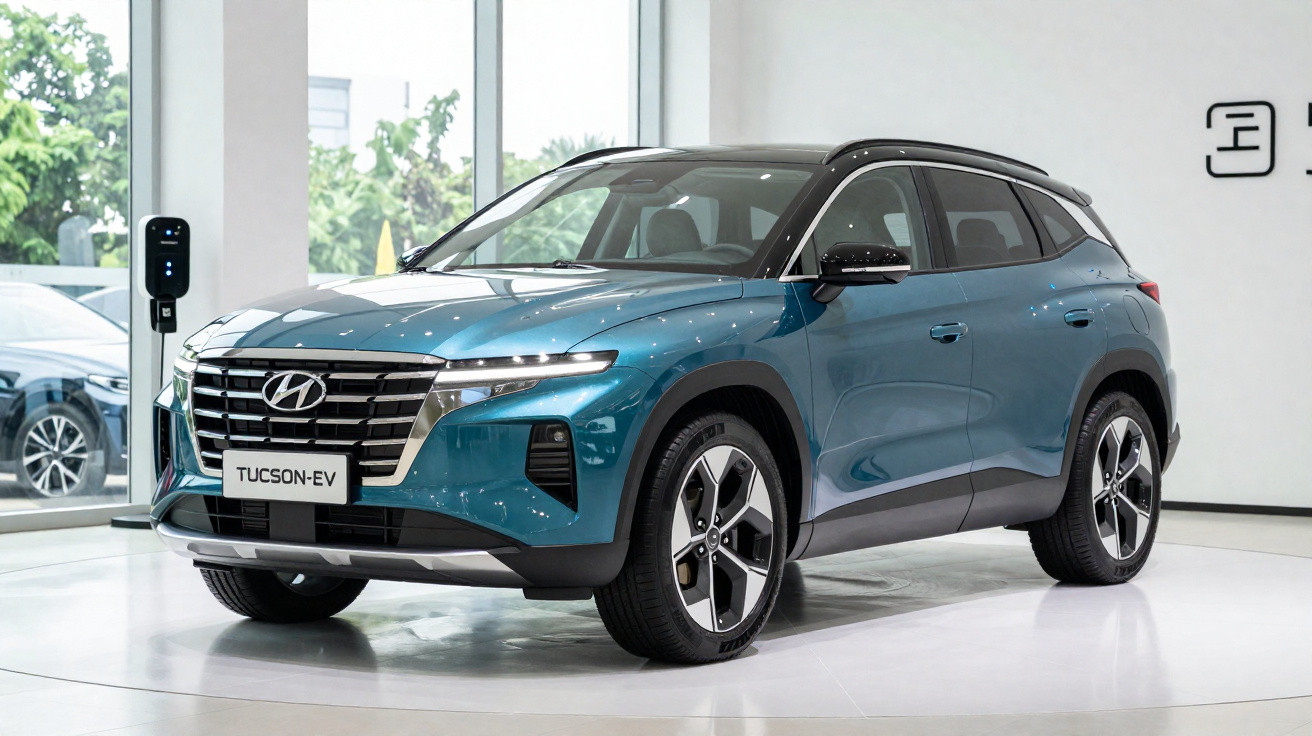 SUV elétrico Hyundai Tucson EV azul em exibição em ambiente moderno e iluminado.