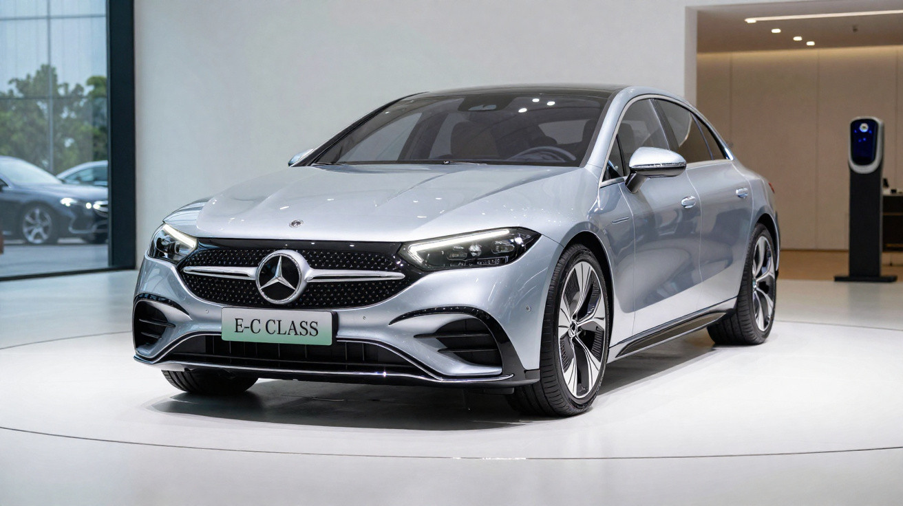 Carro prata Mercedes-Benz E-Class exibido em salão moderno com iluminação branca.