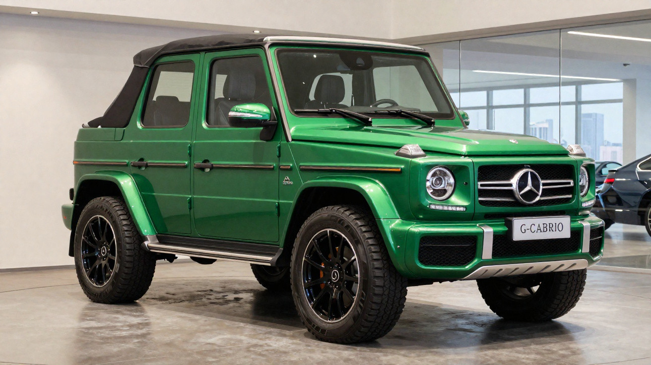Carro Mercedes-Benz G-Cabrio verde-metalizado estacionado em showroom com teto conversível preto aberto.