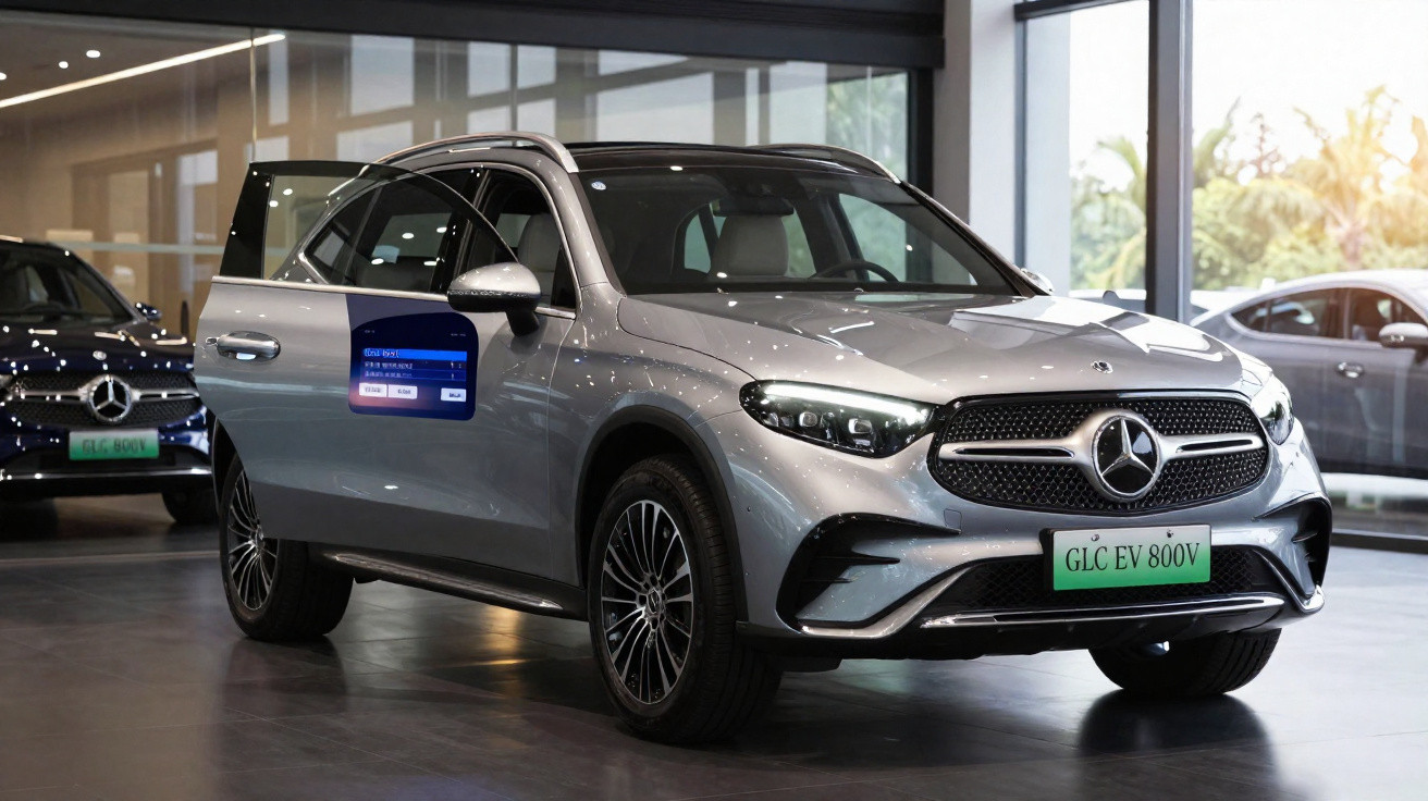 Carro elétrico prata Mercedes-Benz GLC EV 800V em showroom com portas abertas.