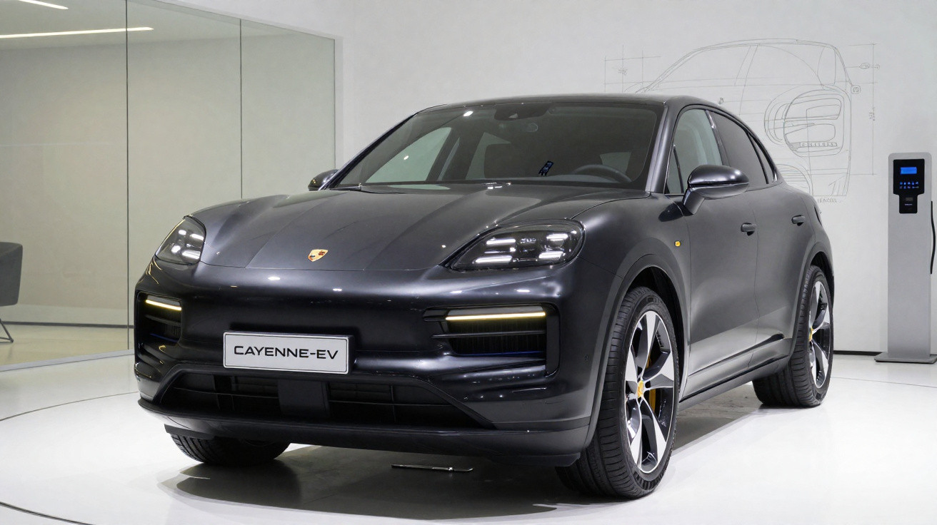 Carro elétrico Porsche Cayenne-EV preto exibido em sala moderna com parede branca ao fundo.