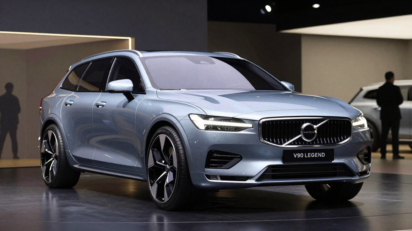Carro Volvo V90 Legend cinza em exposição em ambiente interno com pessoas ao fundo.