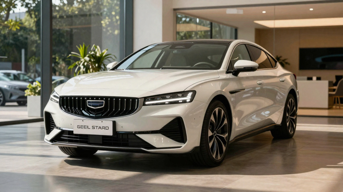 Carro sedã branco Geely Stardo em showroom moderno com janelas e iluminação natural.