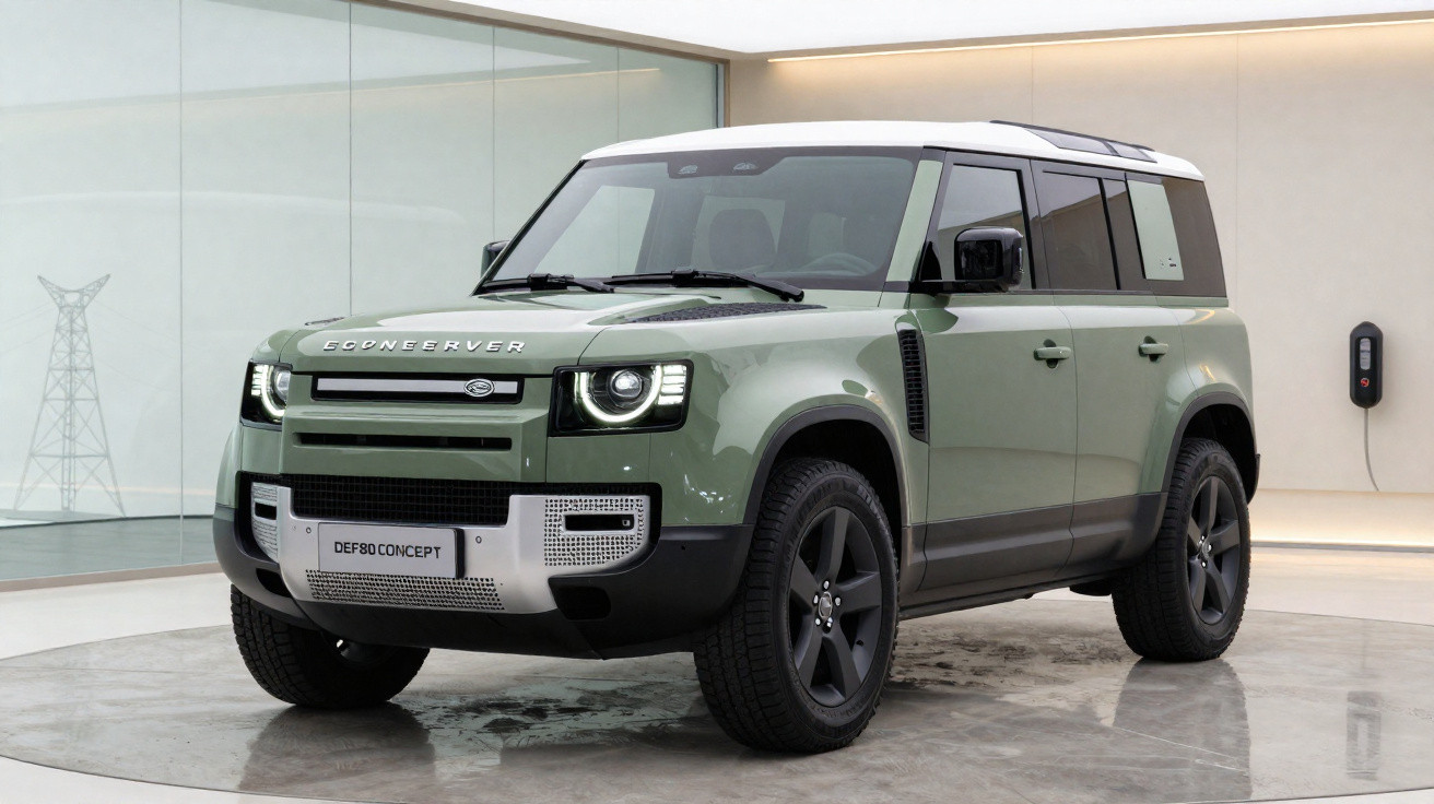 Carro utilitário verde com teto branco exibido em ambiente interno moderno e minimalista.