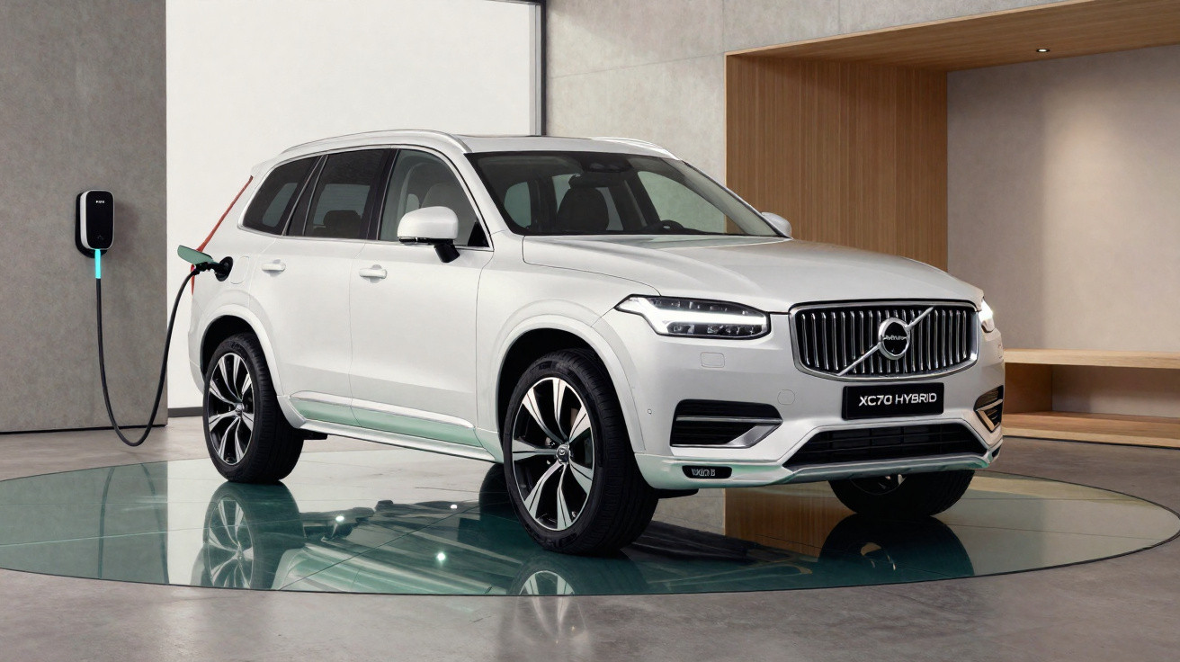 Carro SUV branco Volvo XC70 Hybrid carregando na parede em ambiente moderno e minimalista.