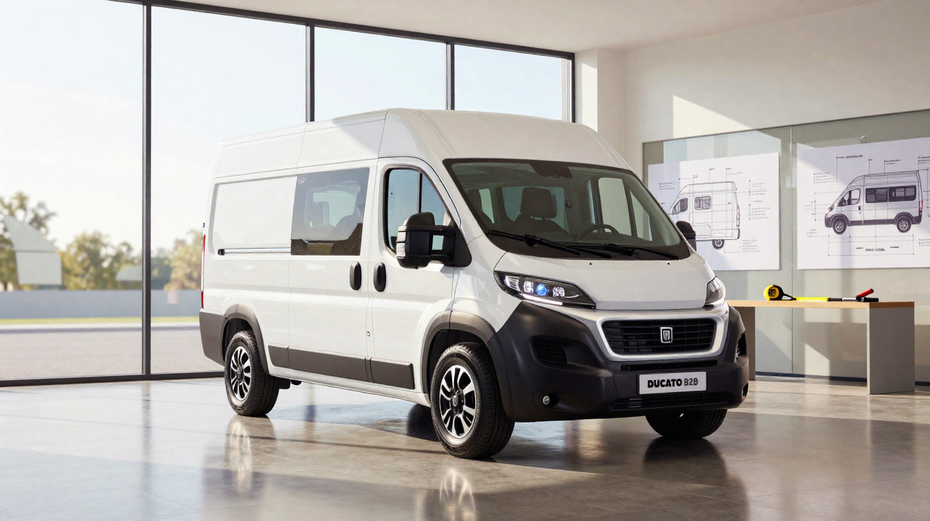 Van branca moderna modelo Ducato B2B estacionada em showroom com plantas técnicas na parede.