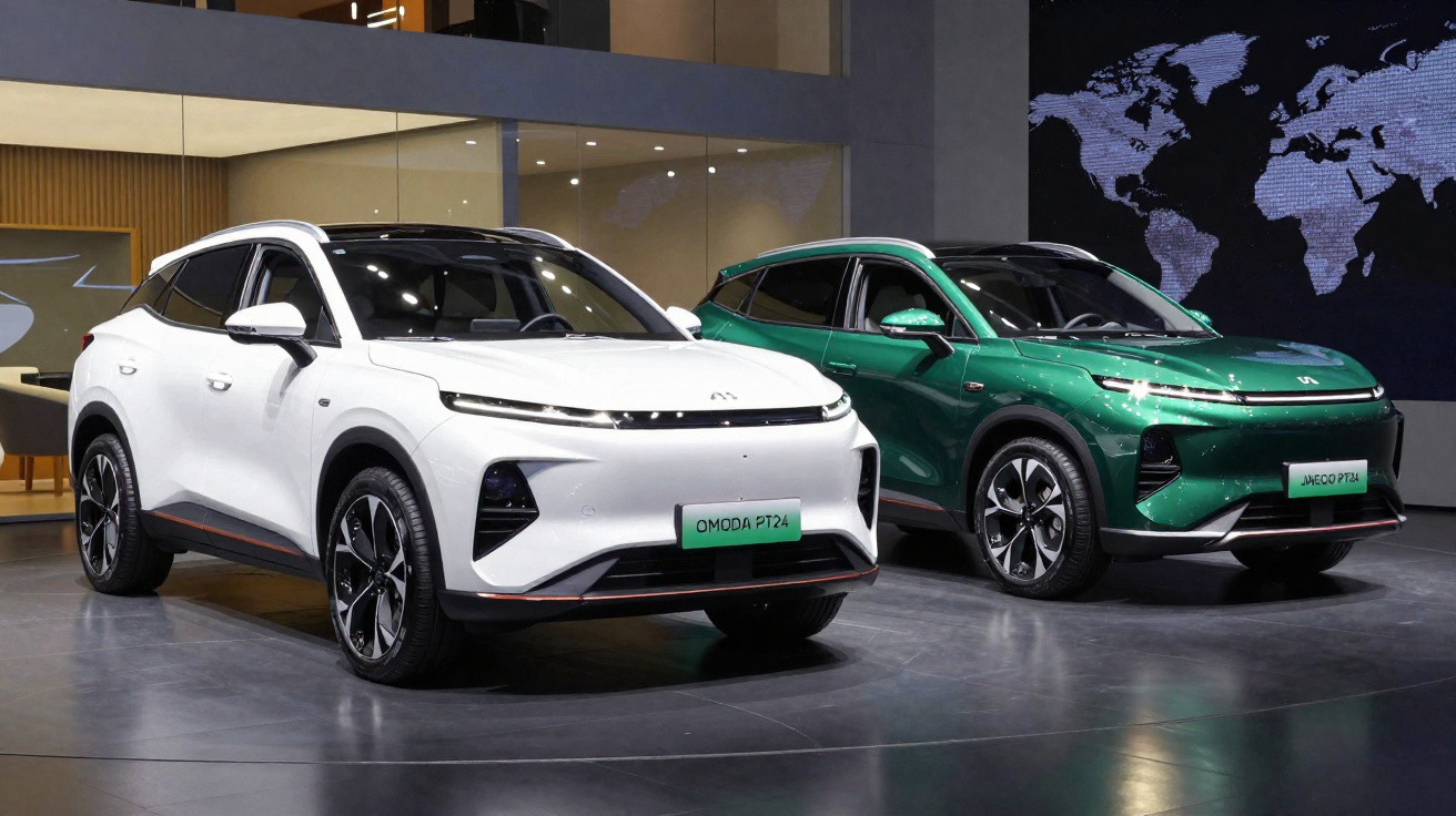 Dois carros elétricos SUV modernos, um branco e um verde, exibidos em ambiente interno com iluminação e painel digital.