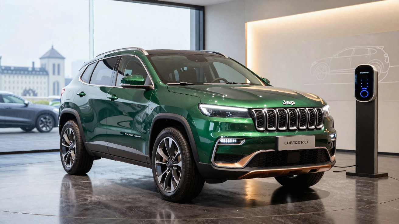 SUV Jeep Cherokee verde em showroom moderno com carregador elétrico ao lado.