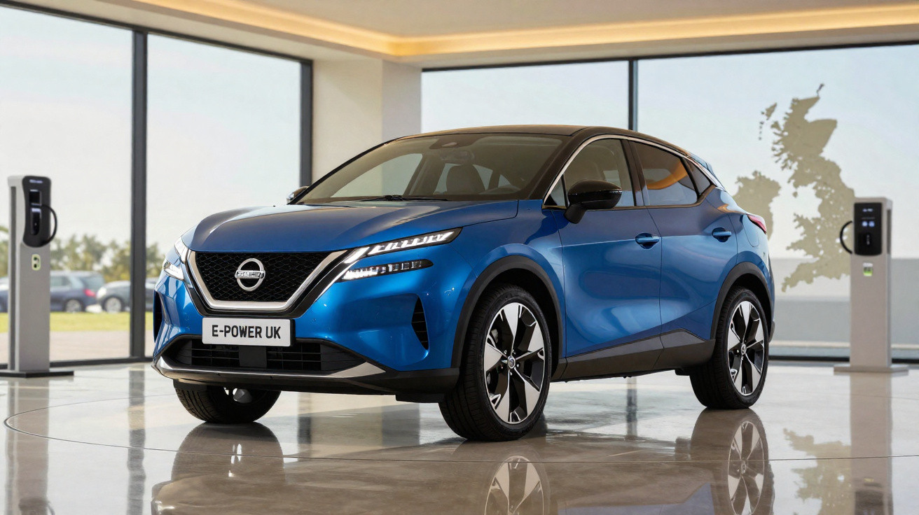 Carro elétrico azul Nissan E-Power exibido em showroom moderno com pontos de recarga ao fundo.