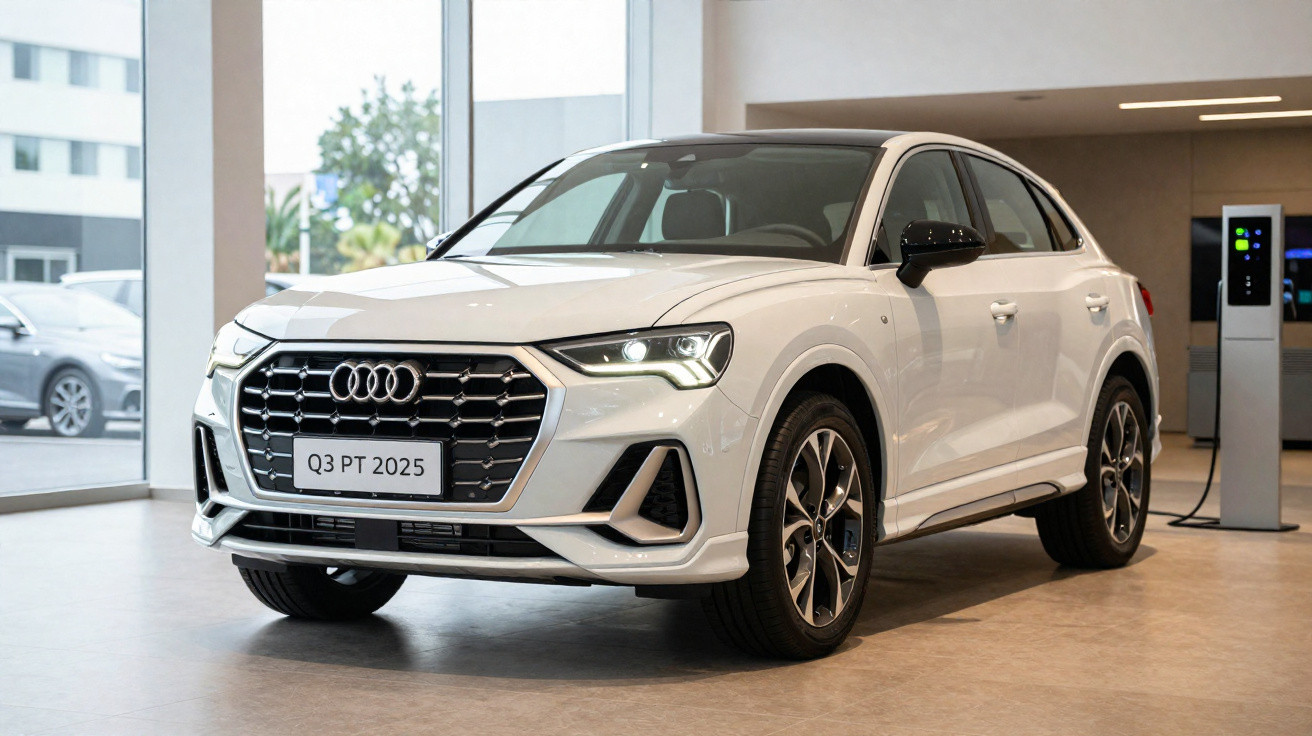 Carro branco Audi Q3 PT 2025 elétrico conectado a estação de recarga em showroom moderno.
