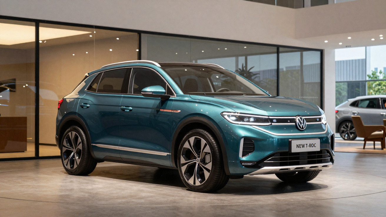Carro SUV Volkswagen New T-Roc verde exibido em showroom moderno com piso de cimento e paredes de vidro.