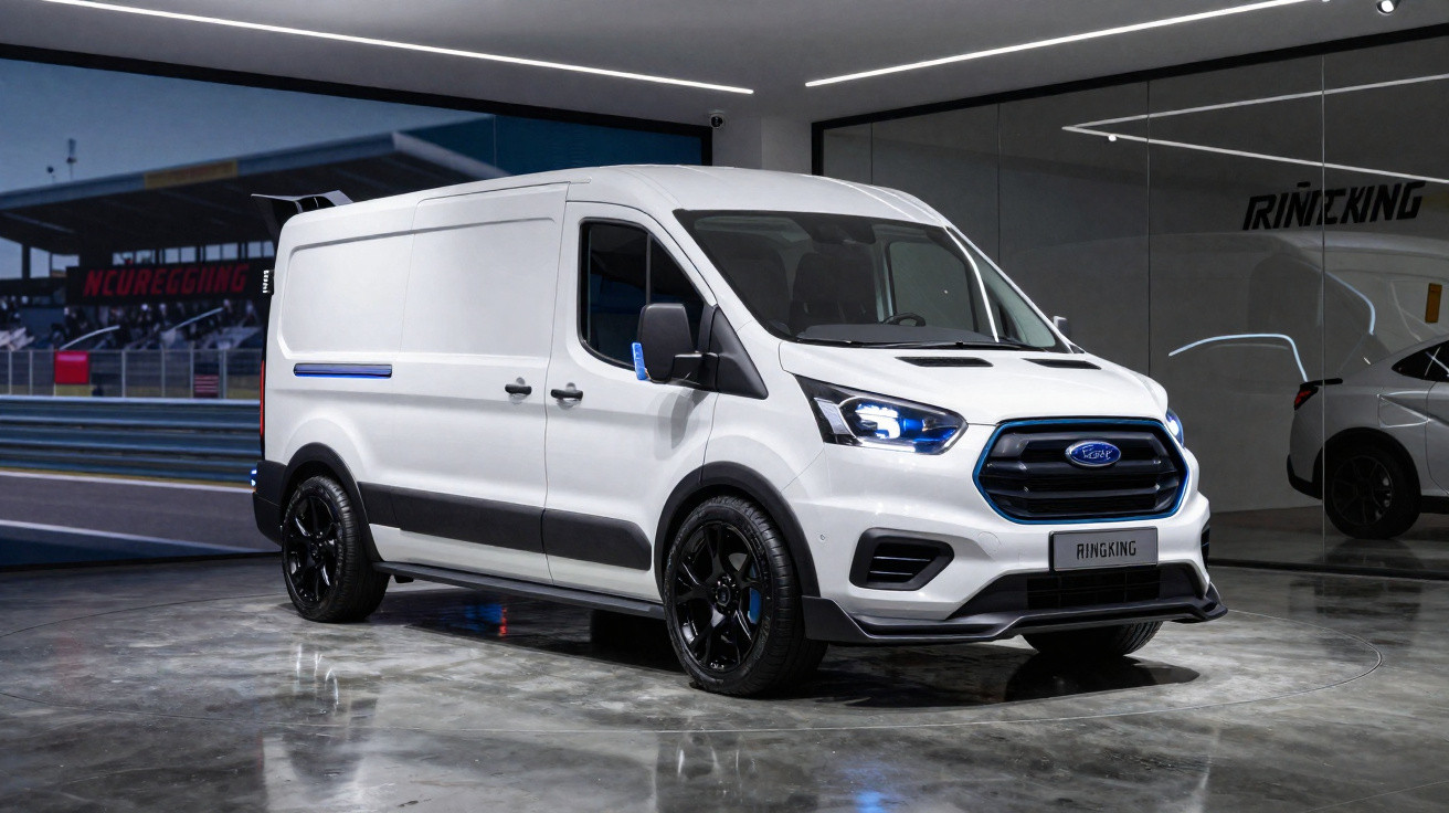 Van esportiva branca estacionada em ambiente interno moderno, com rodas pretas e detalhes azuis.