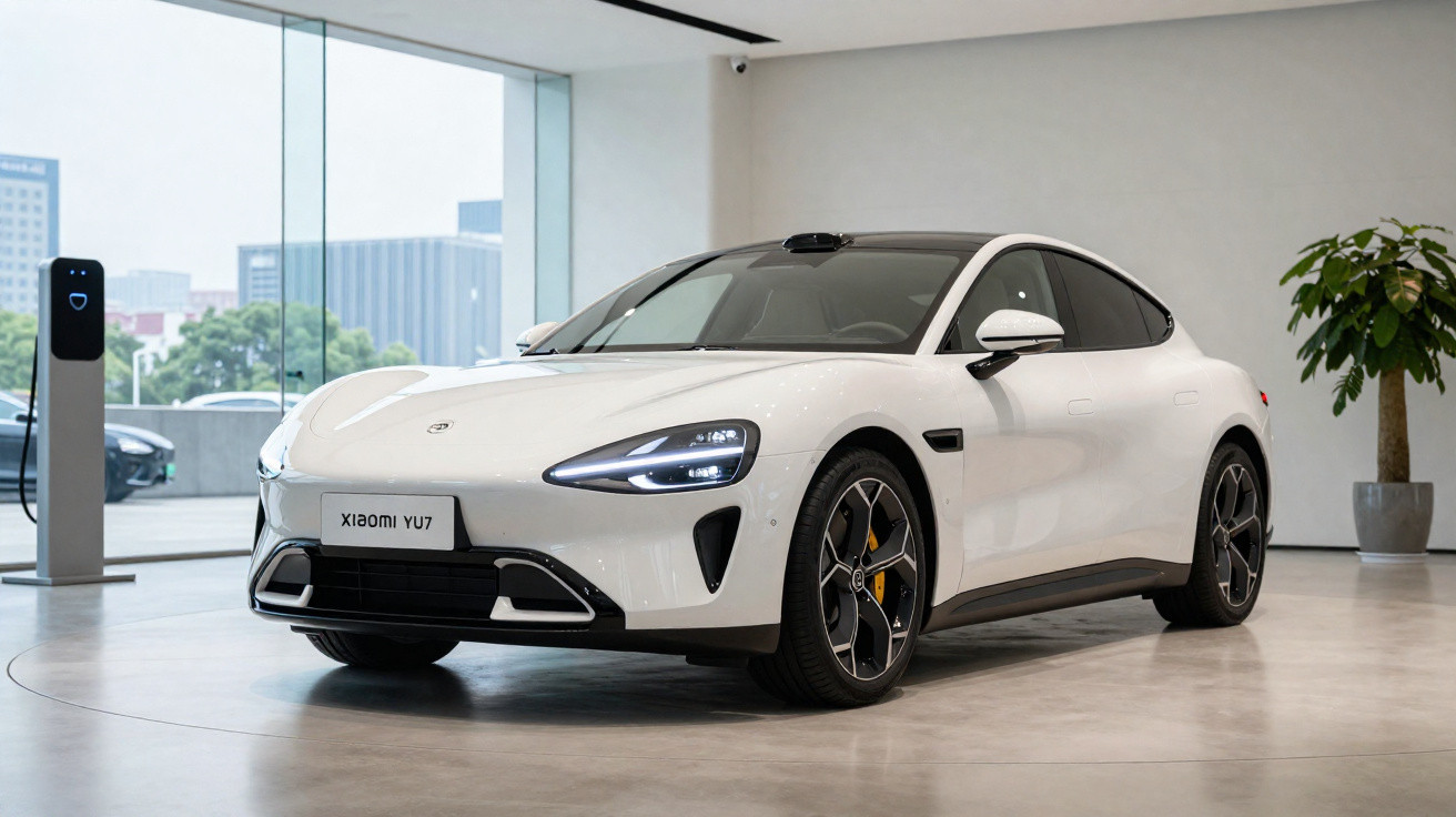 Carro elétrico esportivo branco Xiaomi YU7 em showroom moderno com parede branca e planta.