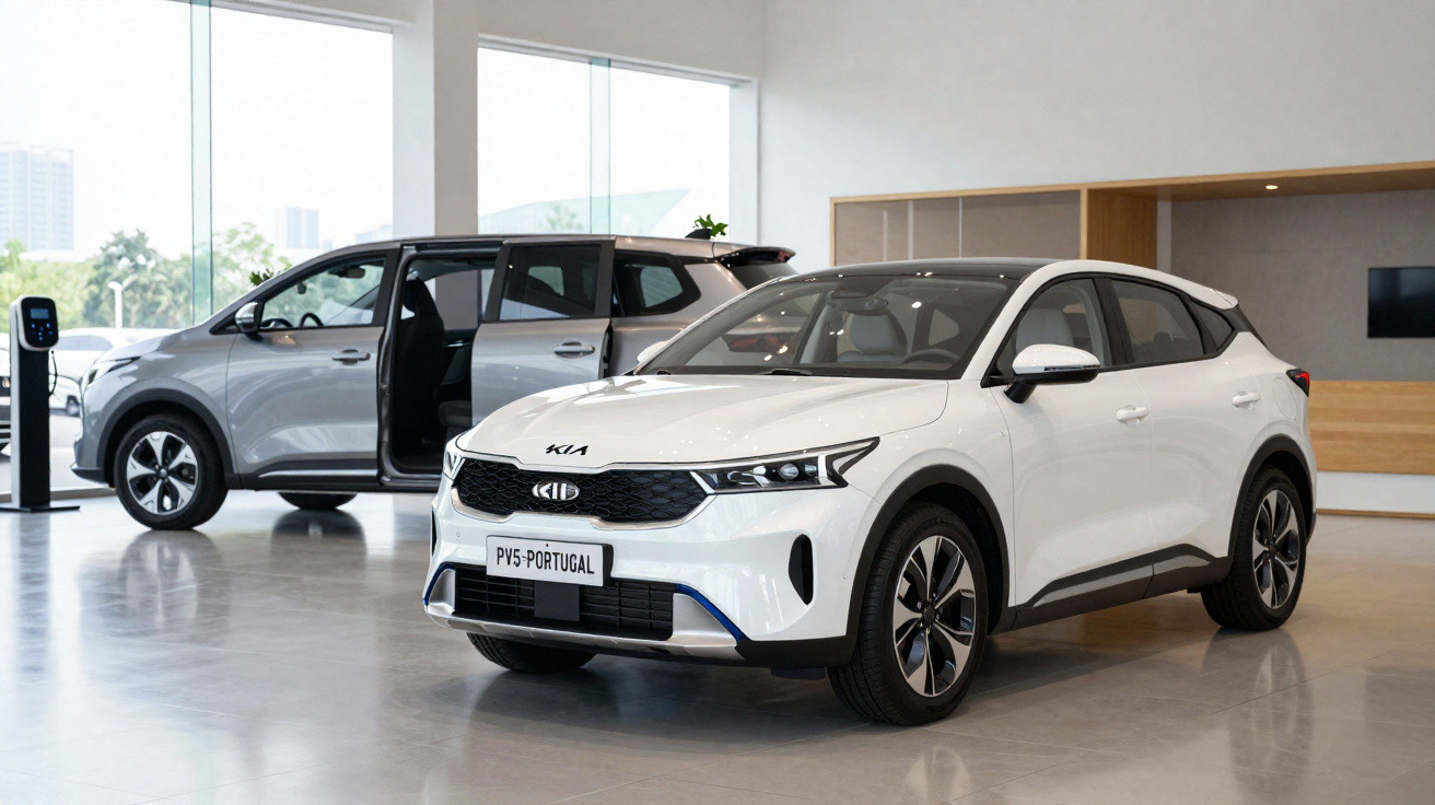 Dois carros elétricos Kia em exibição em showroom moderno, branco em foco, cinza ao fundo com porta aberta.
