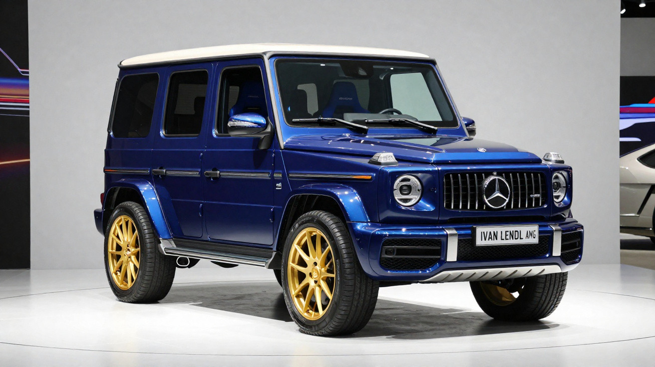 SUV Mercedes-Benz G-Class AMG azul com teto branco e rodas douradas exposto em salão automotivo.