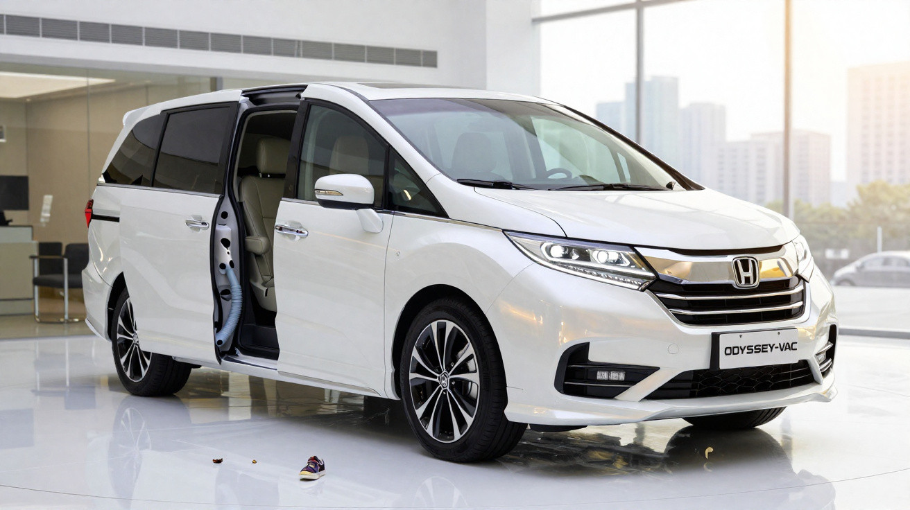 Van Honda Odyssey branca com porta lateral aberta exibida em showroom moderno e iluminado.