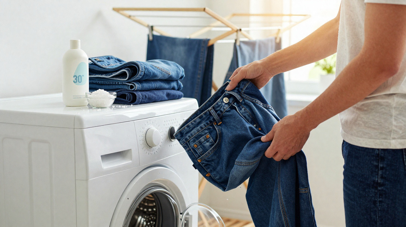 Pessoa lavando calças jeans em máquina de lavar com roupas penduradas para secar ao fundo.