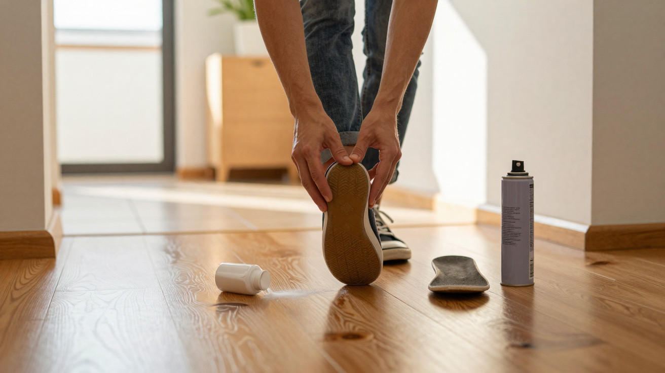 Pessoa calçando tênis em ambiente interno com spray e frasco branco no chão de madeira.