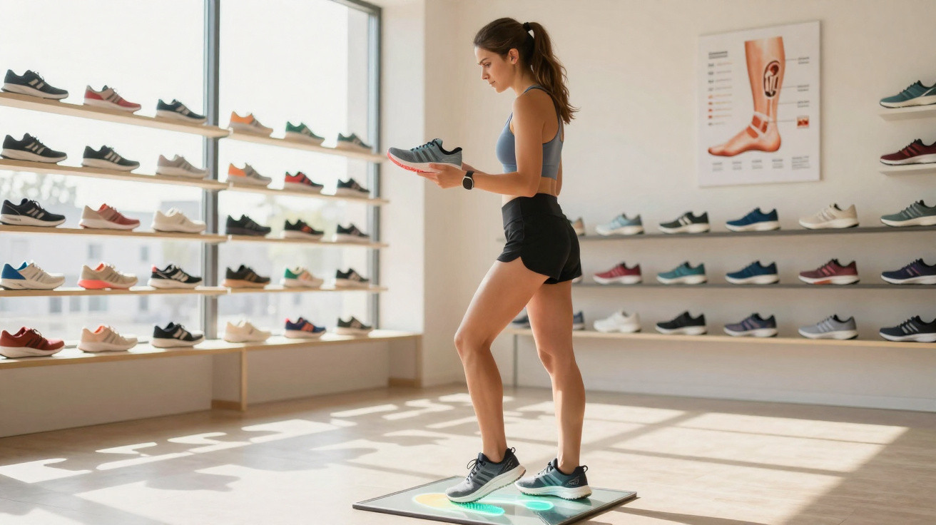 Mulher experimentando tênis esportivo em loja moderna com prateleiras cheias de calçados variados.