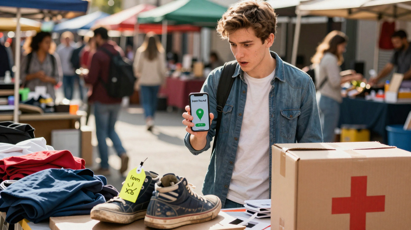 Jovem em mercado ao ar livre mostrando no celular a localização de um item perdido, com tênis e roupas na mesa.