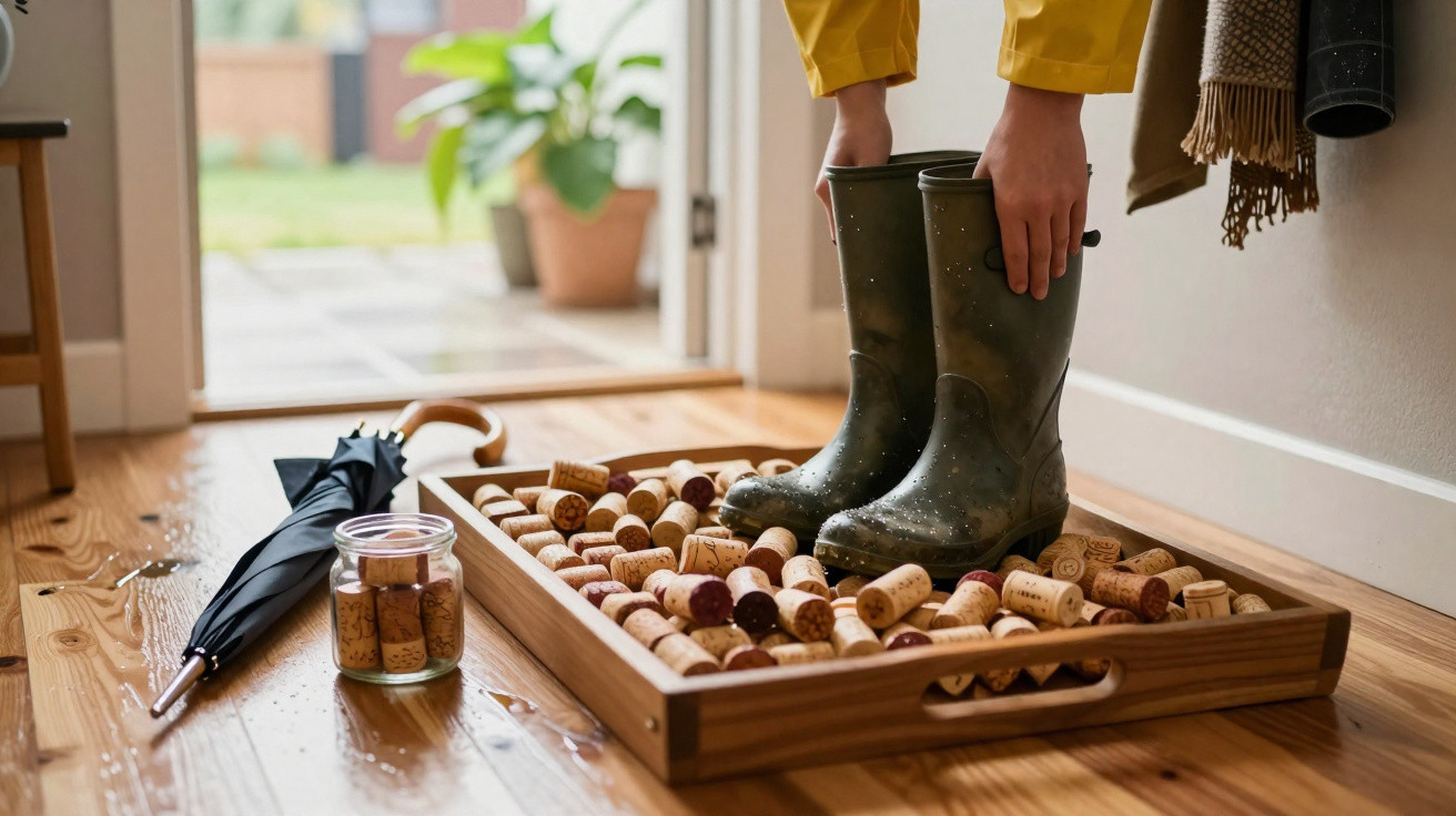 Pessoa calçando botas de chuva em uma bandeja cheia de rolhas em piso de madeira molhado.
