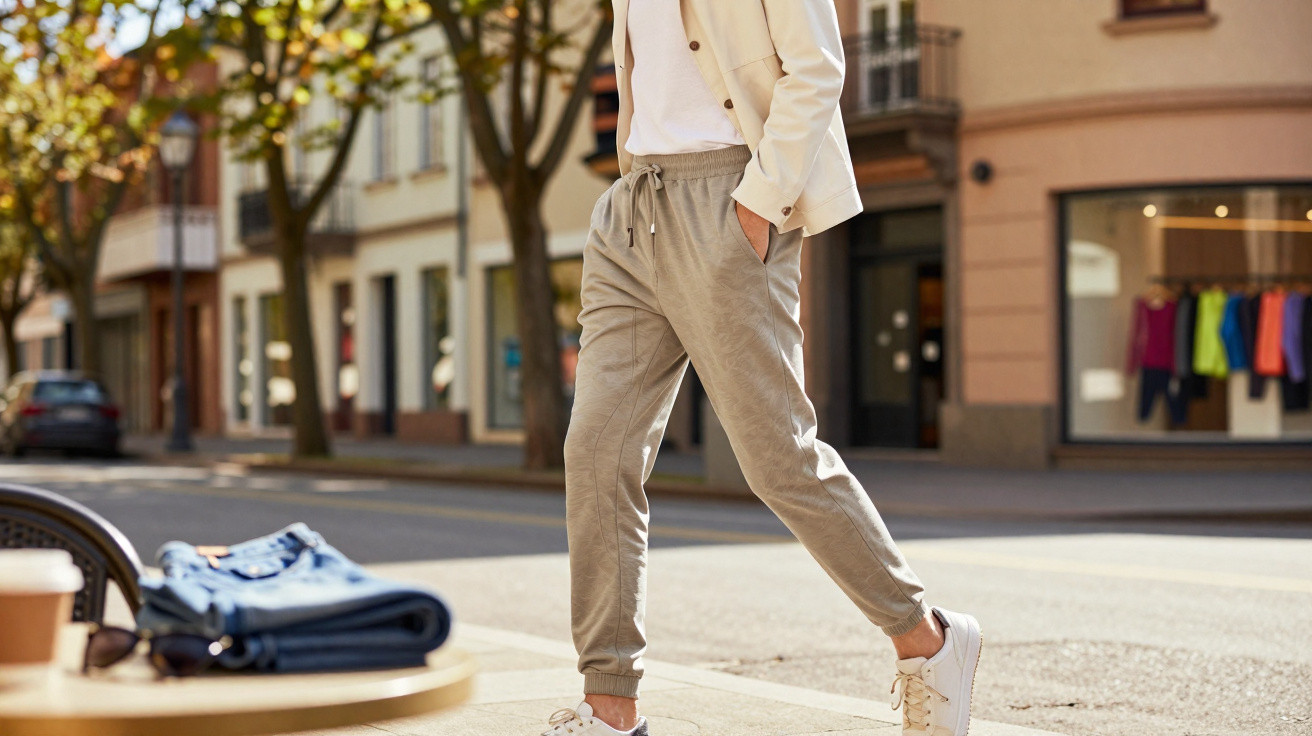 Pessoa caminhando na rua com calça jogger cinza clara, tênis branco e blazer bege.