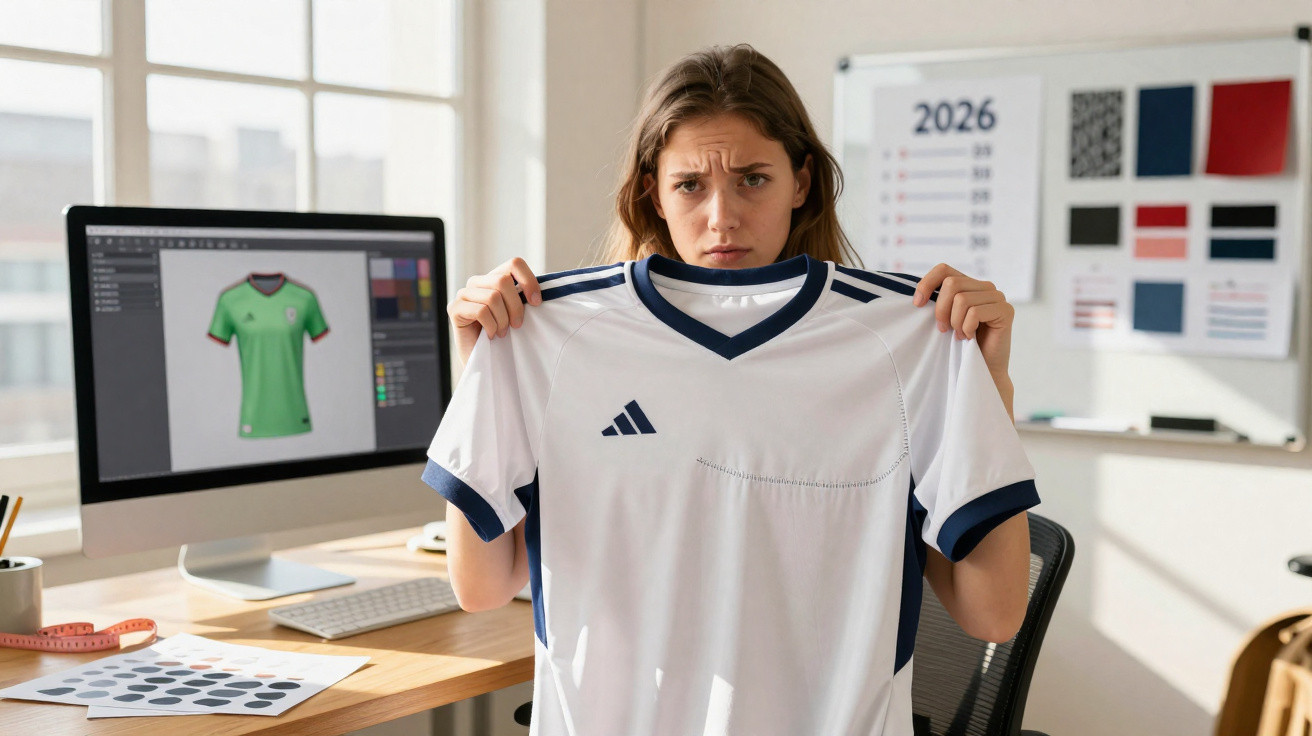 Mulher em escritório segurando camisa de time branca com aspecto desapontado e computador ao fundo.
