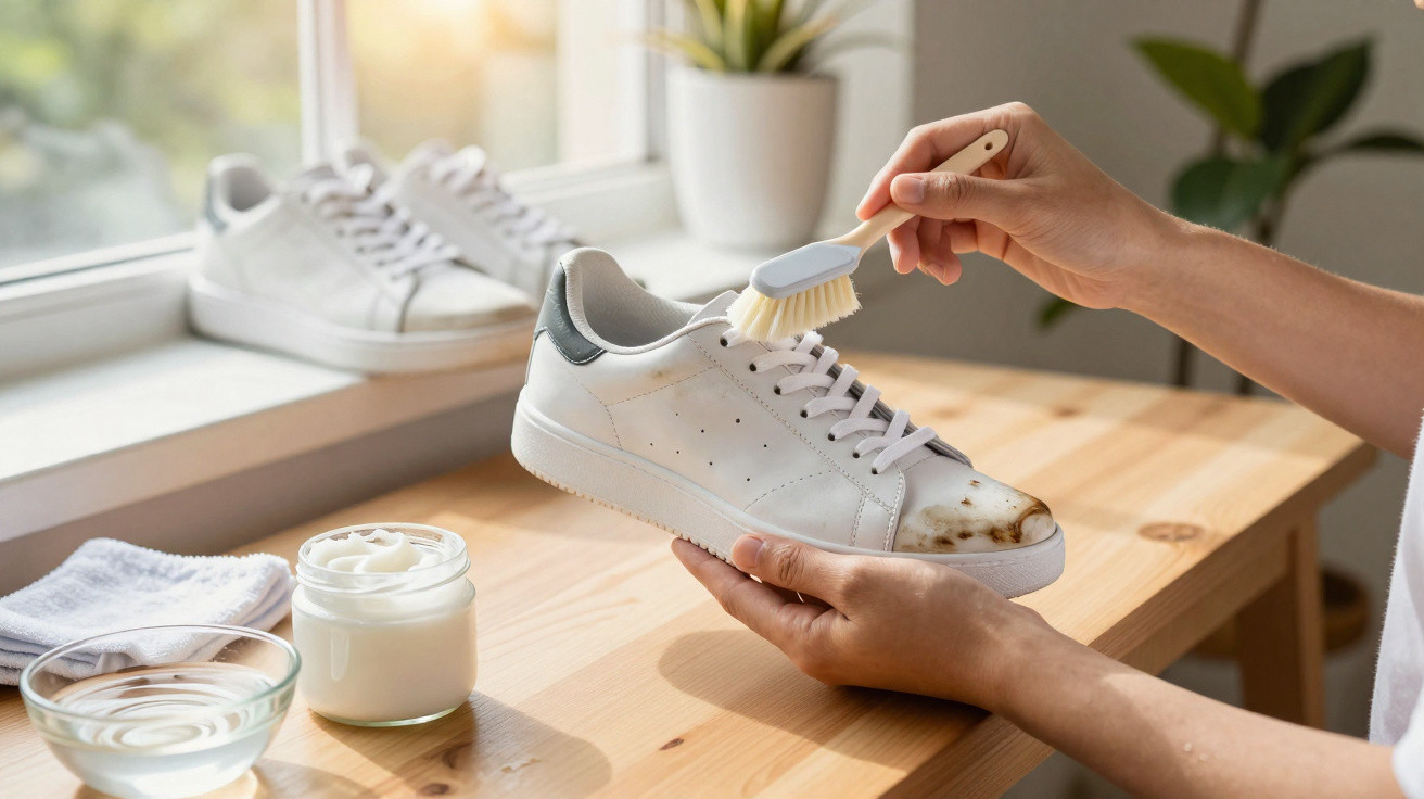 Pessoa limpando tênis branco sujo com escova e creme em mesa de madeira perto da janela.