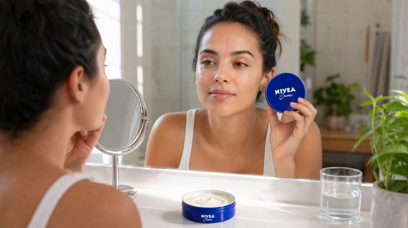 Mulher segurando pote de creme Nivea, olhando no espelho, com creme aberto e copo d’água sobre bancada.
