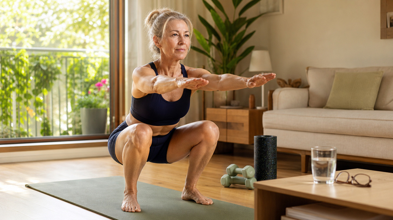 Mulher madura fazendo agachamento em tapete de yoga na sala com halteres e copo de água.