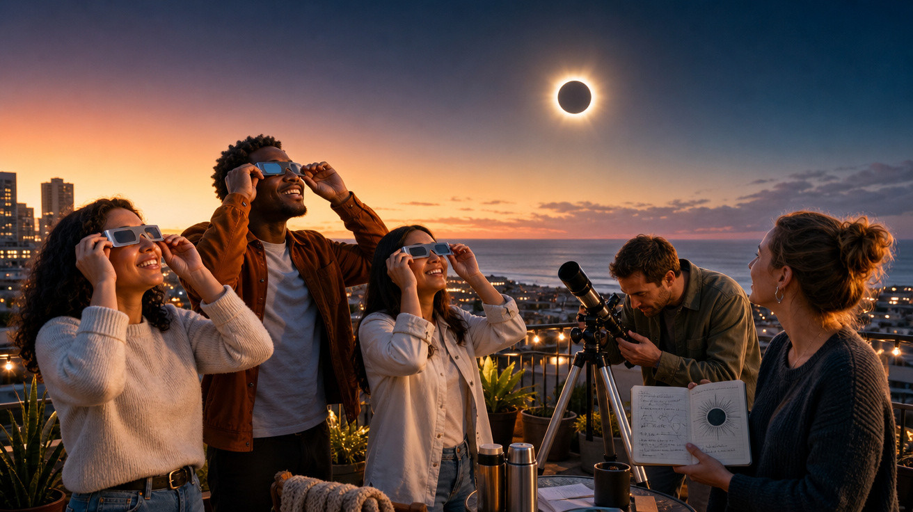 Grupo de pessoas observando eclipse solar com óculos especiais em varanda ao pôr do sol.