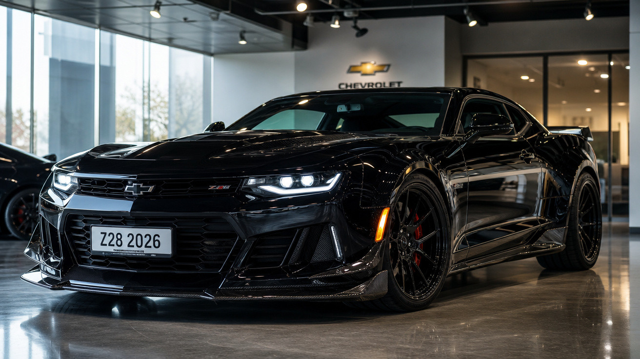 Carro esportivo preto Chevrolet Camaro Z28 2026 em showroom com piso brilhante e iluminação moderna.