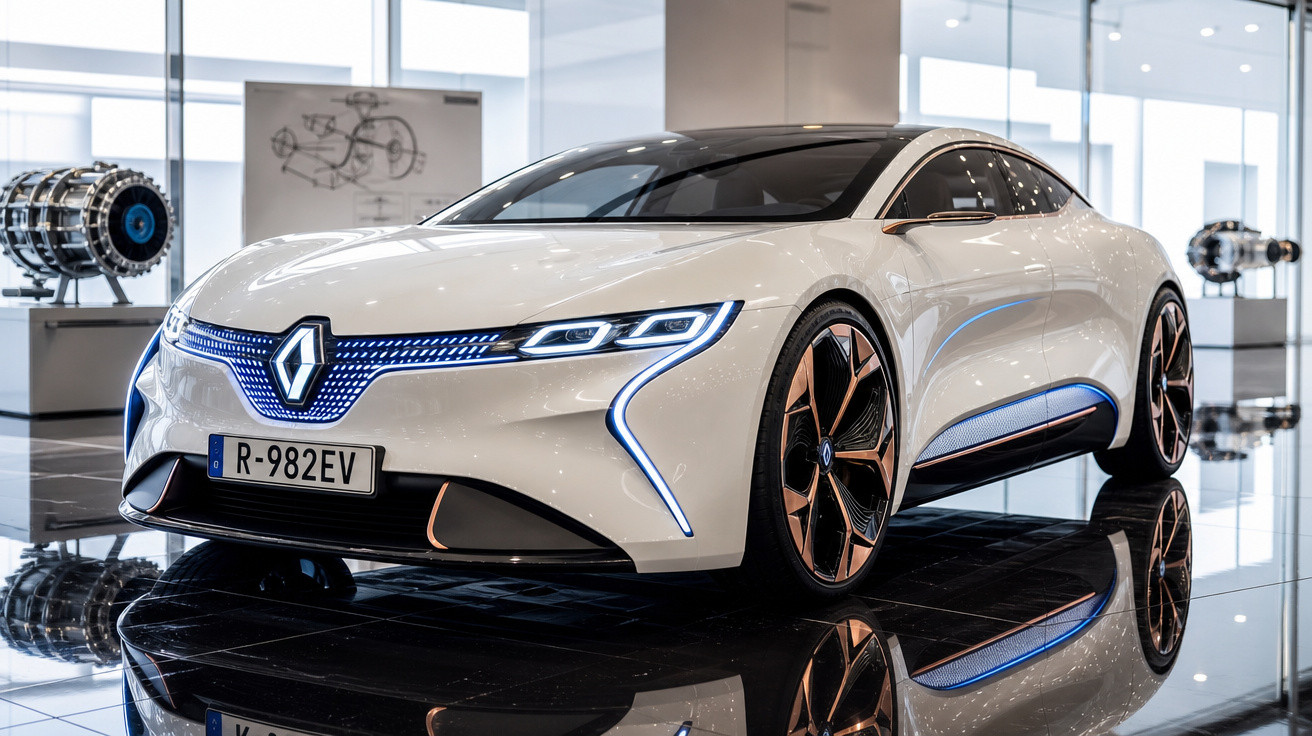 Carro elétrico futurista branco da Renault em exposição, com design aerodinâmico e luzes azuis LED.