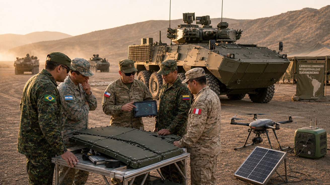 Militares sul-americanos em uniformes diversos analisam equipamento tecnológico ao ar livre, com veículos militares ao fundo.