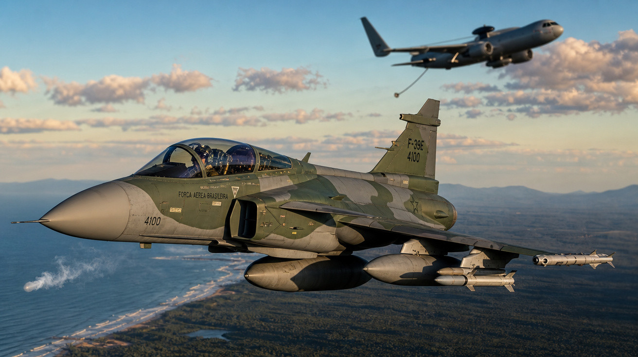 Caça F-39 da Força Aérea Brasileira voando próximo a avião tanque KC-130 em céu com nuvens e paisagem ao fundo.