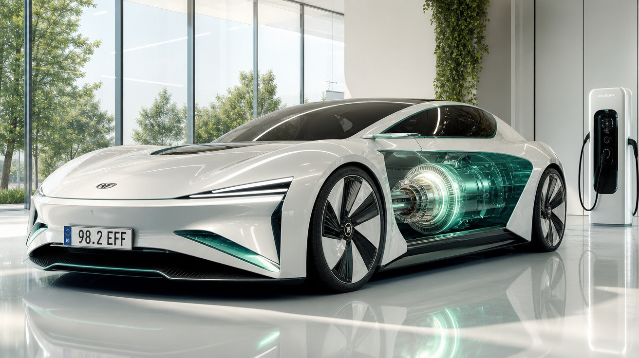 Carro esportivo elétrico branco em showroom, com motor transparente exibido e estação de recarga ao fundo.