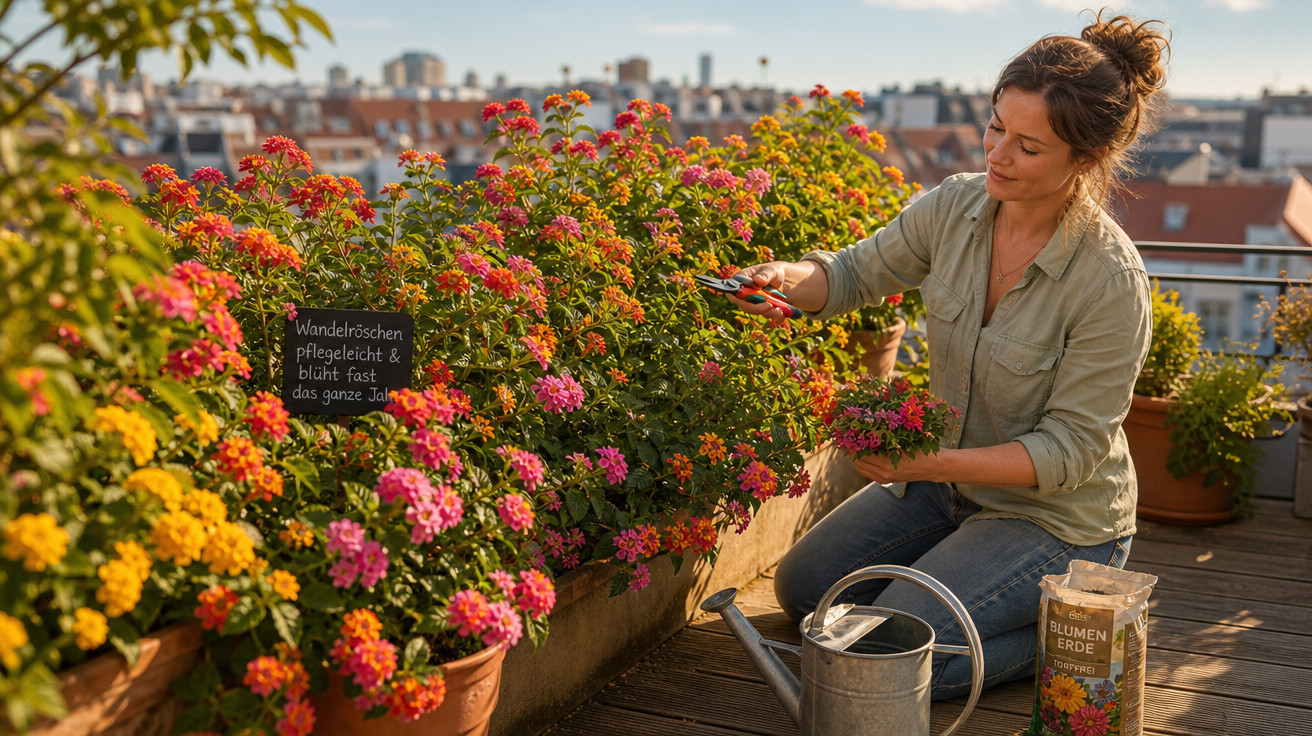 Mulher cuidando de flores coloridas em varanda com regador e terra para plantas ao lado.