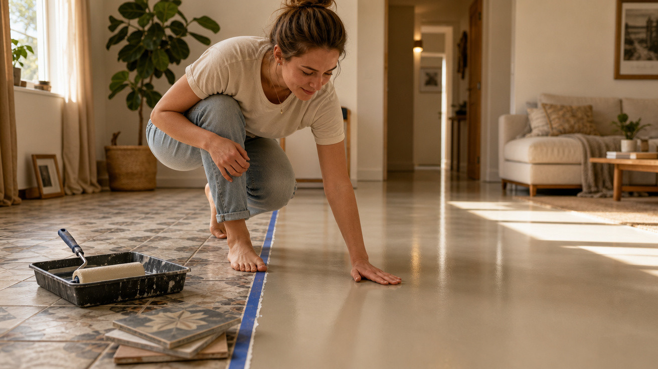 Mulher aplicando tinta em piso e preparando reforma em sala com sofá ao fundo.