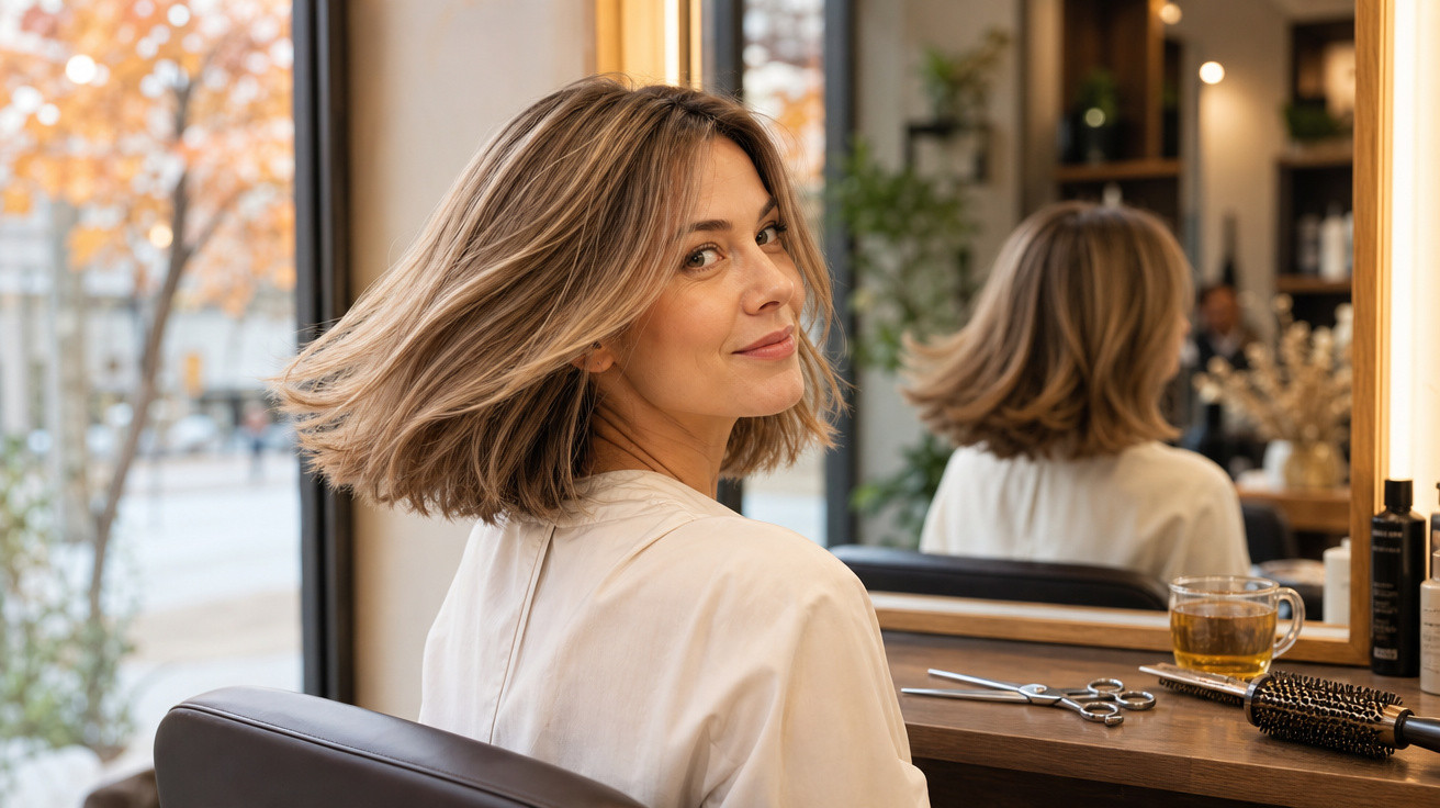 Mulher sorridente com cabelo curto loiro em salão de beleza, sentada em frente a um espelho grande.