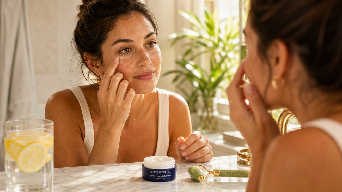 Mulher aplicando creme facial no rosto em frente ao espelho, com frasco de creme e rolo de massagem na bancada.