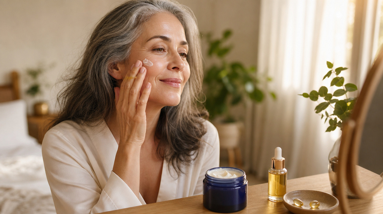 Mulher madura aplicando creme facial sentada em frente a espelho em ambiente acolhedor e iluminado.