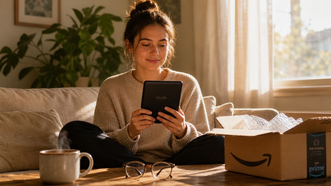 Mulher sentada no sofá lendo um Kindle, com caixa da Amazon e xícara de café à mesa iluminada pelo sol.