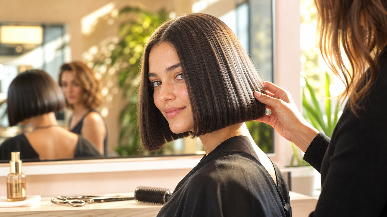 Mulher sorrindo com cabelo curto em corte reto, sendo arrumado por cabeleireira em salão iluminado.