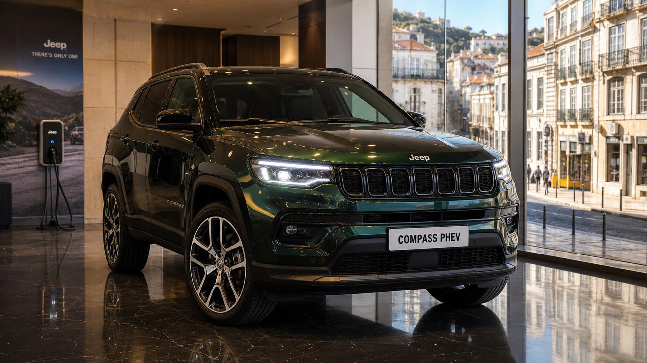 SUV Jeep Compass PHEV verde em showroom com fachada de vidro mostrando cidade histórica ao fundo.
