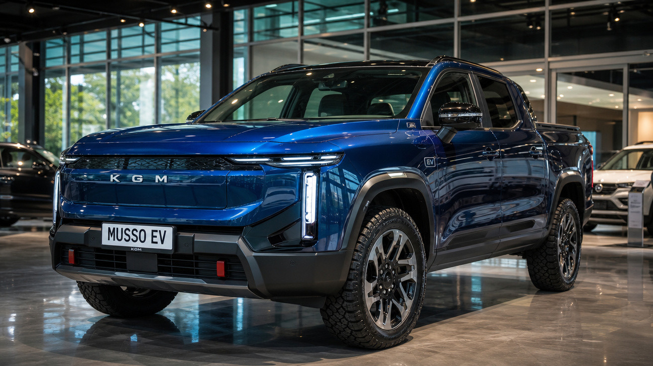 Picape elétrica azul KGM Musso EV em showroom moderno com iluminação suave.
