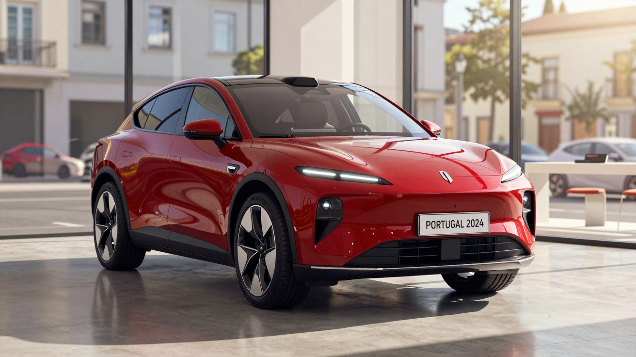 Carro elétrico vermelho moderno em exposição, com placa "Portugal 2024", iluminado por luz natural.