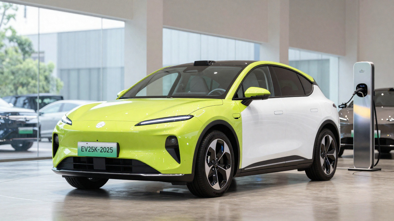 Carro elétrico compacto verde e branco carregando em estação dentro de showroom moderno.