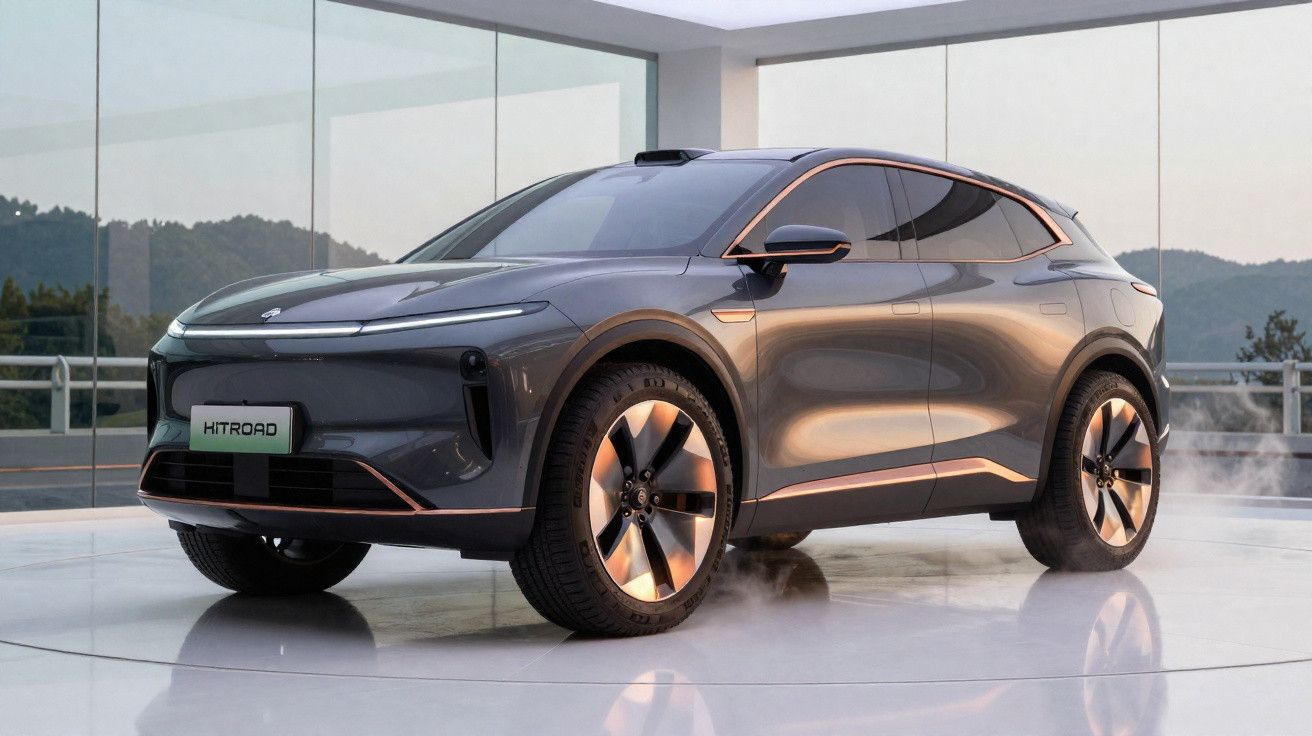 Carro elétrico cinza escuro com design moderno em ambiente interno com vidro e montanhas ao fundo.