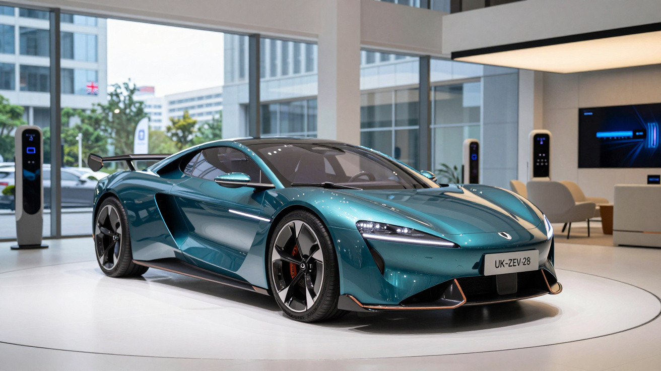 Carro esportivo elétrico azul exibido em showroom moderno com estações de recarga ao fundo.